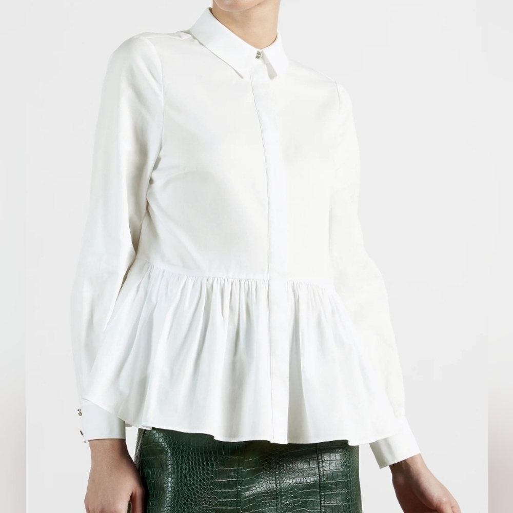Ted Baker Cannon Gathered Peplum White Cotton Top Size 0 Shirt 151 Office Preppy
